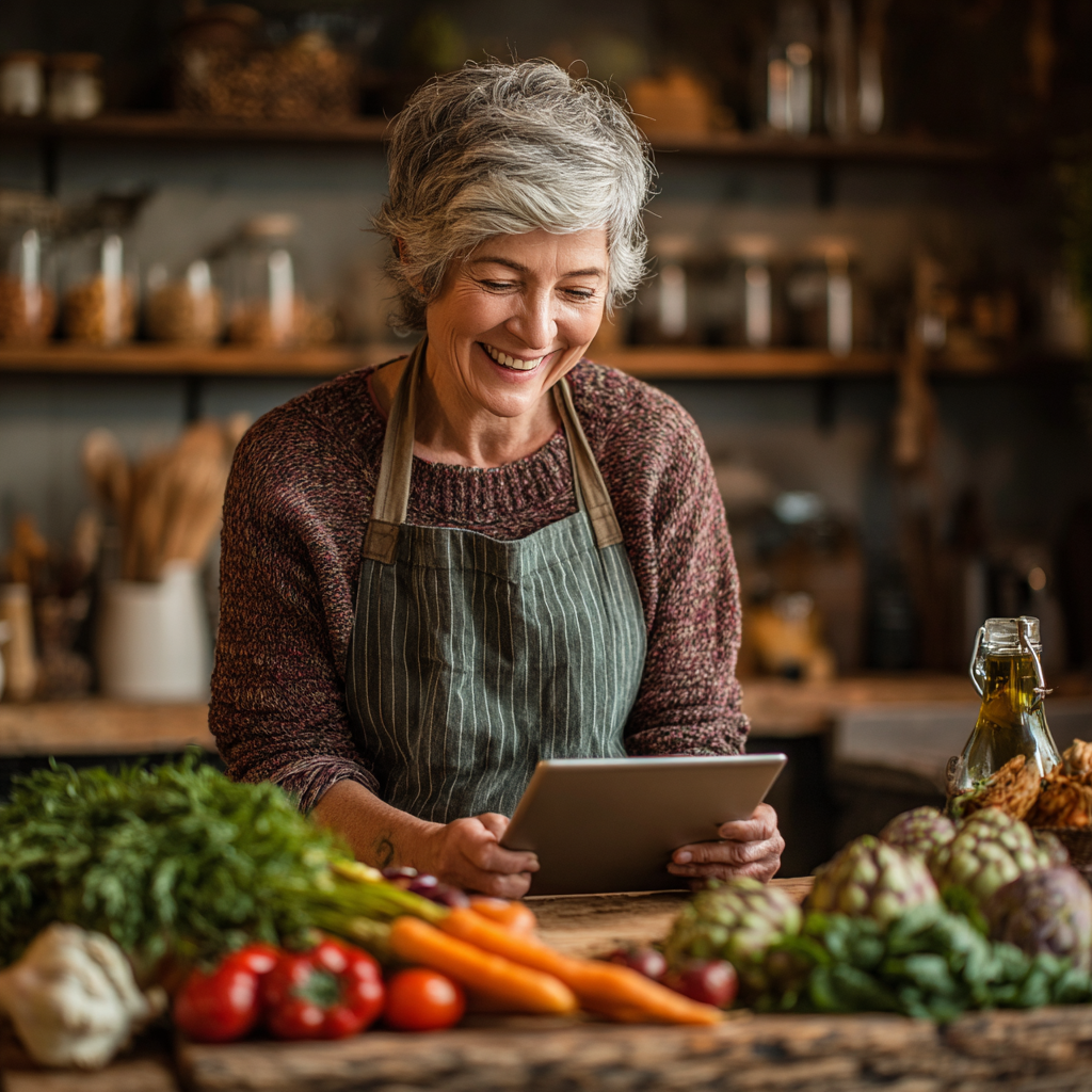 Жінка 54 років на кухні з посмішкою готує страву за рецептом з додатка plosternik на планшеті, на столі свіжі інгредієнти
