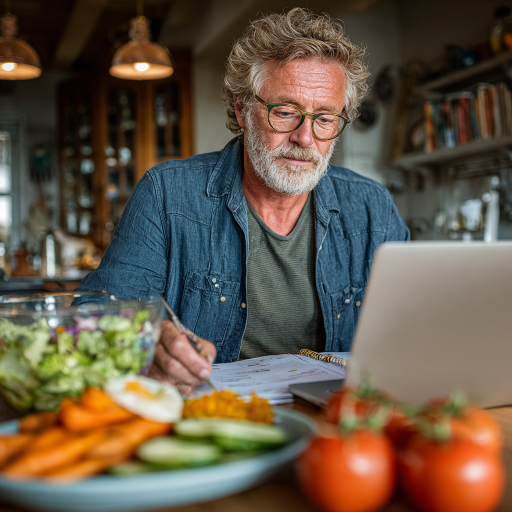 Чоловік 58 років сидить за столом з ноутбуком, вивчає план харчування, поруч тарілка зі здоровою їжею