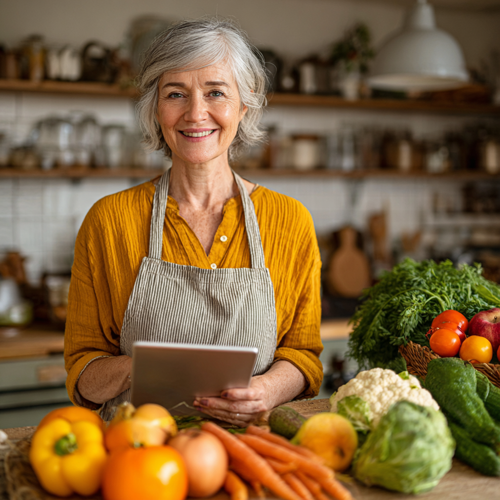 Жінка середнього віку (55 років) у світлій кухні, усміхається, тримає планшет з додатком plosternik, на столі свіжі овочі та фрукти